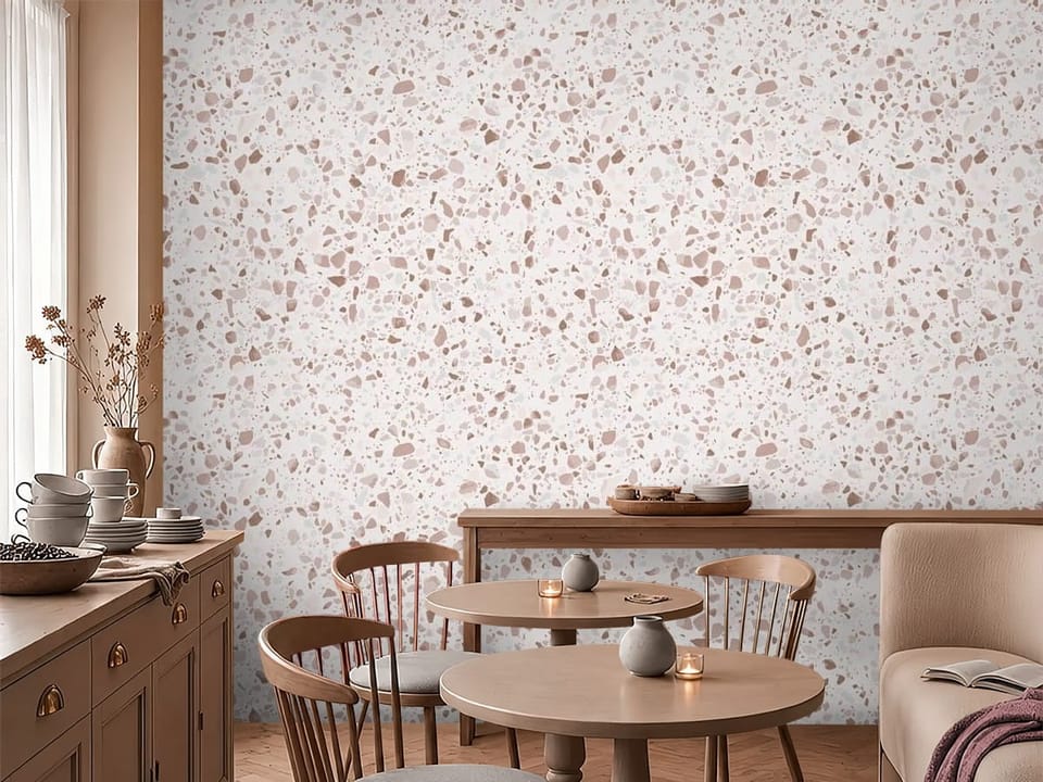Fototapeta z wzorem terrazzo, różowe i brązowe kamienie na białym tle - inspiracja do przytulnej kawiarni