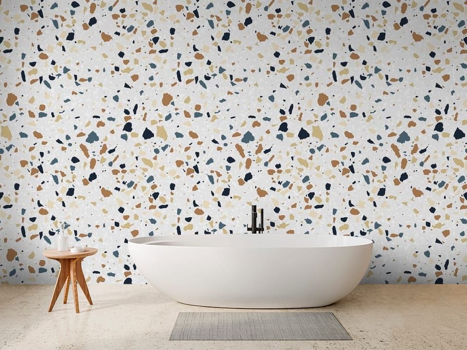 Fototapeta z wzorem terrazzo, kolorowe plamki na jasnym tle - aranżacja minimalistycznej łazienki