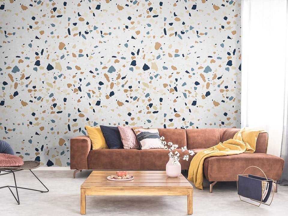 Fototapeta z wzorem terrazzo, kolorowe plamki na jasnym tle -