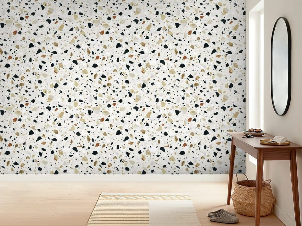 Fototapeta z wzorem terazzo, różnokolorowe kawałki na białym tle - inspiracji do minimalistycznego przedpokoju