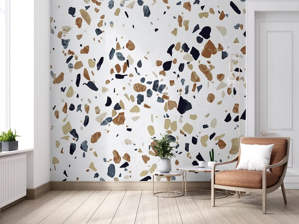Fototapeta Kolorowy wzór terrazzo na jasnym tle - aranżacja w salonie