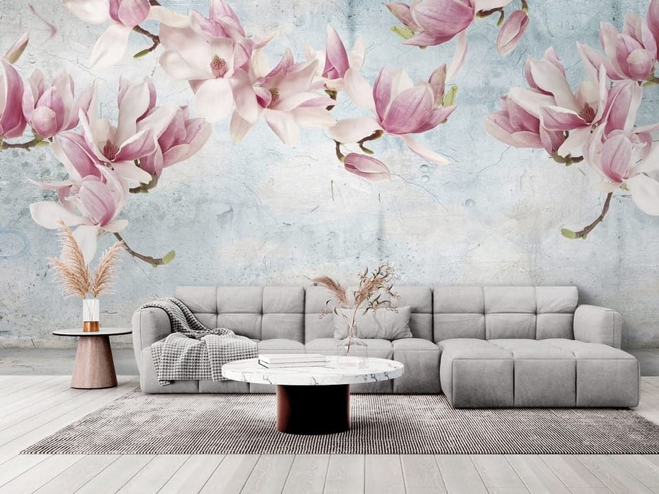 Fototapeta z kwiatami magnolii na gałęziach i panoramą miasta - elegancki salon w stylu minimalistycznym