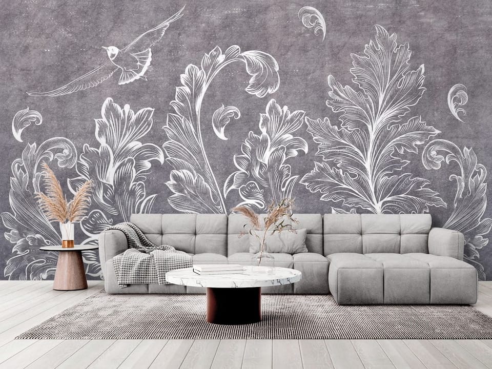 Fototapeta z dużymi białymi liśćmi na szarym tle z delikatnymi wzorami - elegancki salon w stylu minimalistycznym