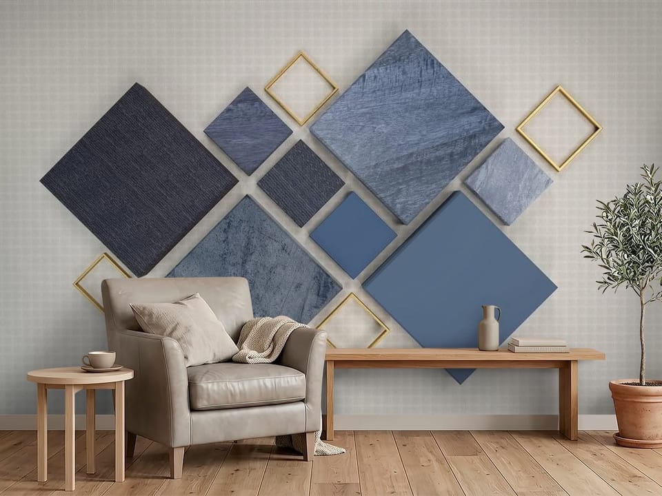 Fototapeta z geometrycznymi kształtami i metalowymi ramkami na szarym tle - przytulny kącik w biurze