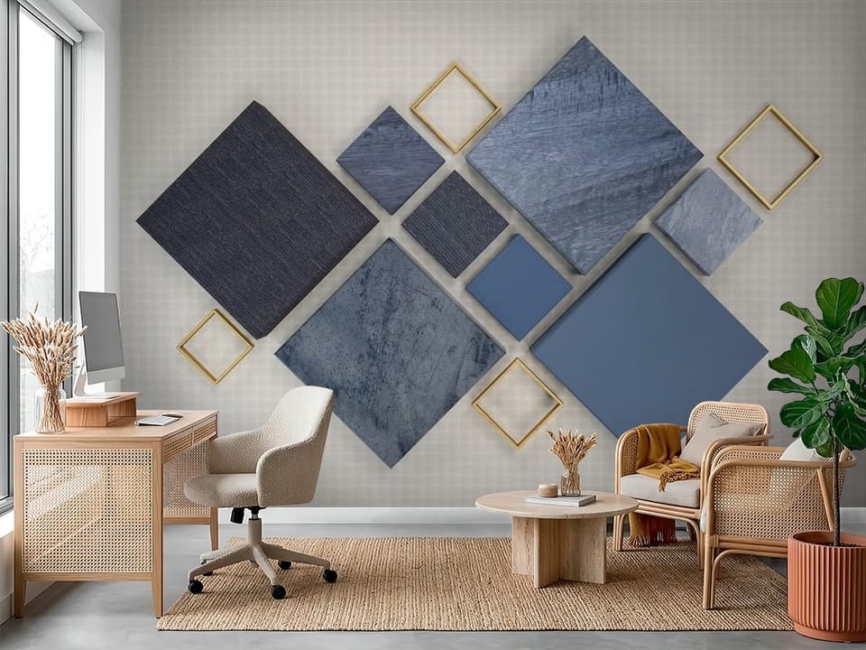 Fototapeta z geometrycznymi kształtami i metalowymi ramkami na szarym tle - dekoracja ściany w biurze w ciepłych kolorach