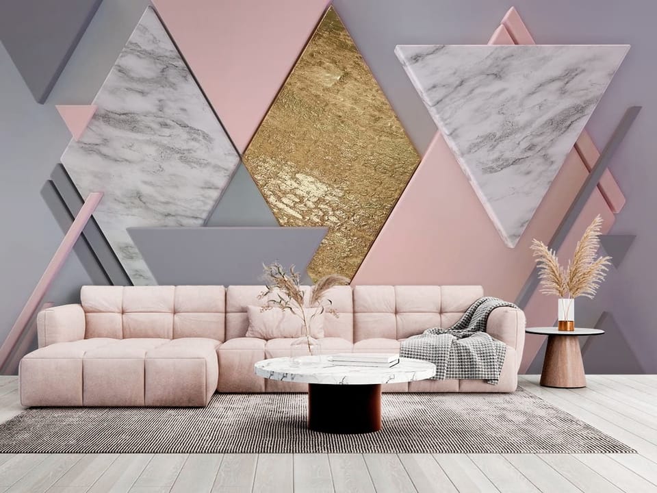 Fototapeta z geometrycznymi kształtami, marmurowymi trójkątami i złotym rombem - salon w jasnych kolorach