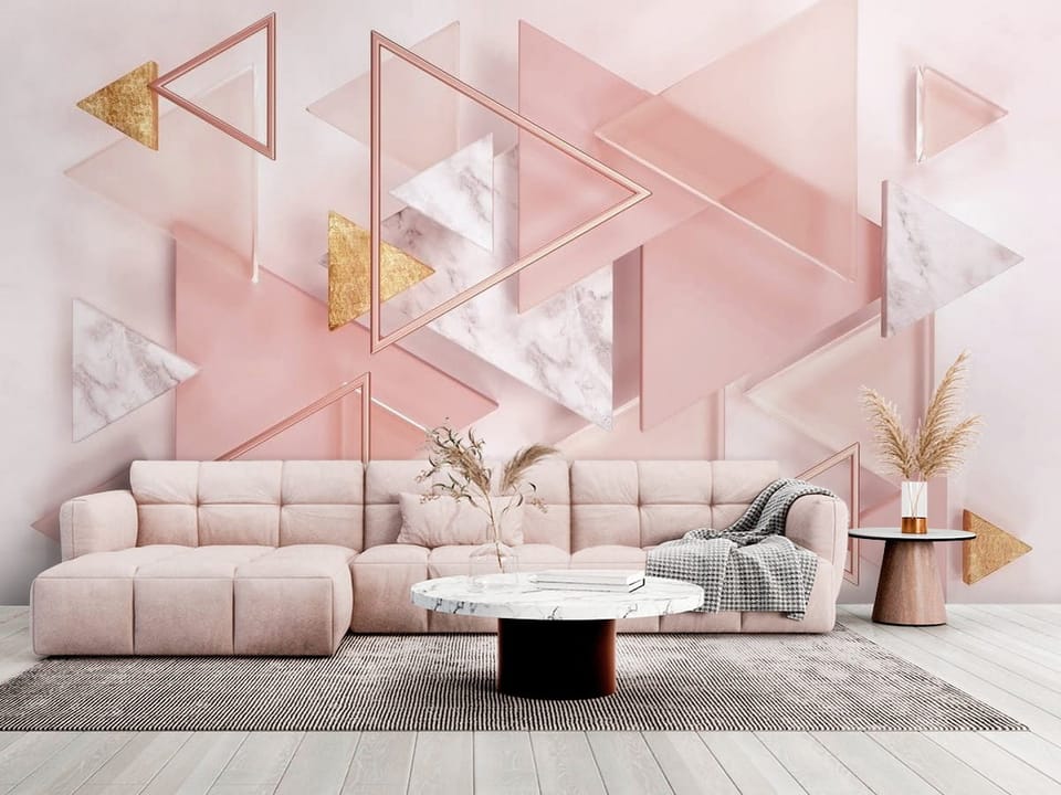 Fototapeta z geometrycznymi trójkątami w pastelowych kolorach - salon w jasnych kolorach