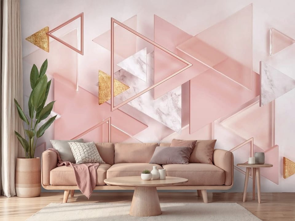 Fototapeta z geometrycznymi trójkątami w pastelowych kolorach - piękna aranżacja w przytulnym salonie
