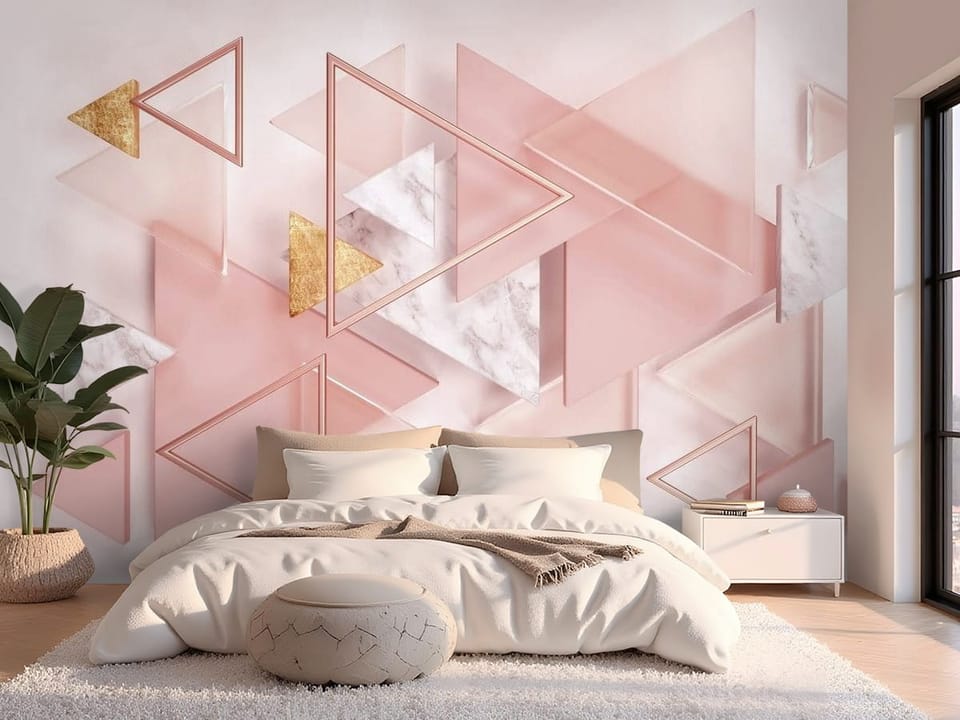 Fototapeta z geometrycznymi trójkątami w pastelowych kolorach - ściana w nowoczesnej sypialni