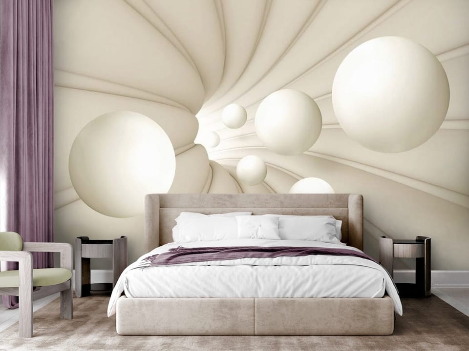 Fototapeta z białymi kulami unoszącymi się w spiralnym tunelu - nowoczesna sypialnia w stylu glamour