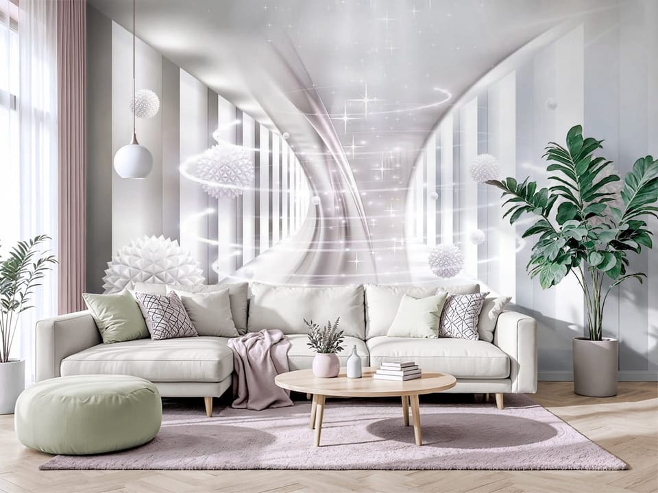 Fototapeta z białym futurystycznym korytarzem i wirującymi kulami - salon w jasnych barwach z modnym akcentem