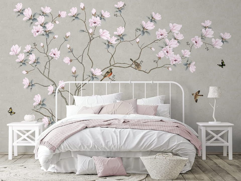 Fototapeta Gałąź magnolii z kwiatami - aranżacja w sypialni