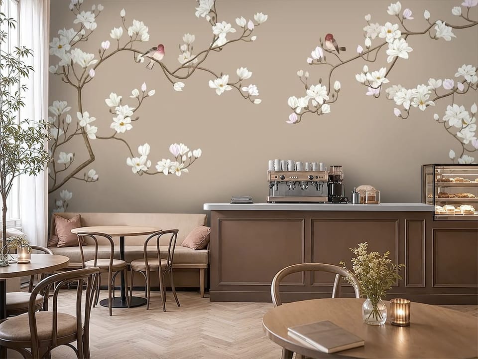 Fototapeta z gałązkami magnolii i ptakami na beżowym tle - aranżacja kawiarni w brązowych kolorach