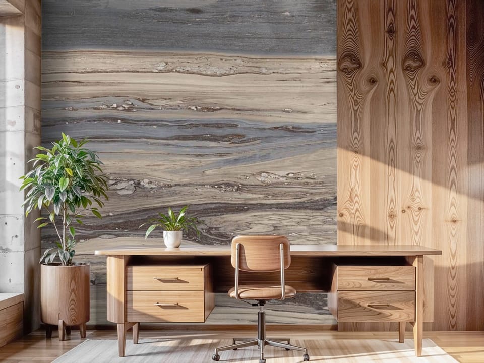 Fototapeta z wzorem kamienia z żyłami w szarościach i beżach - aranżacja w nasłonecznionym biurze