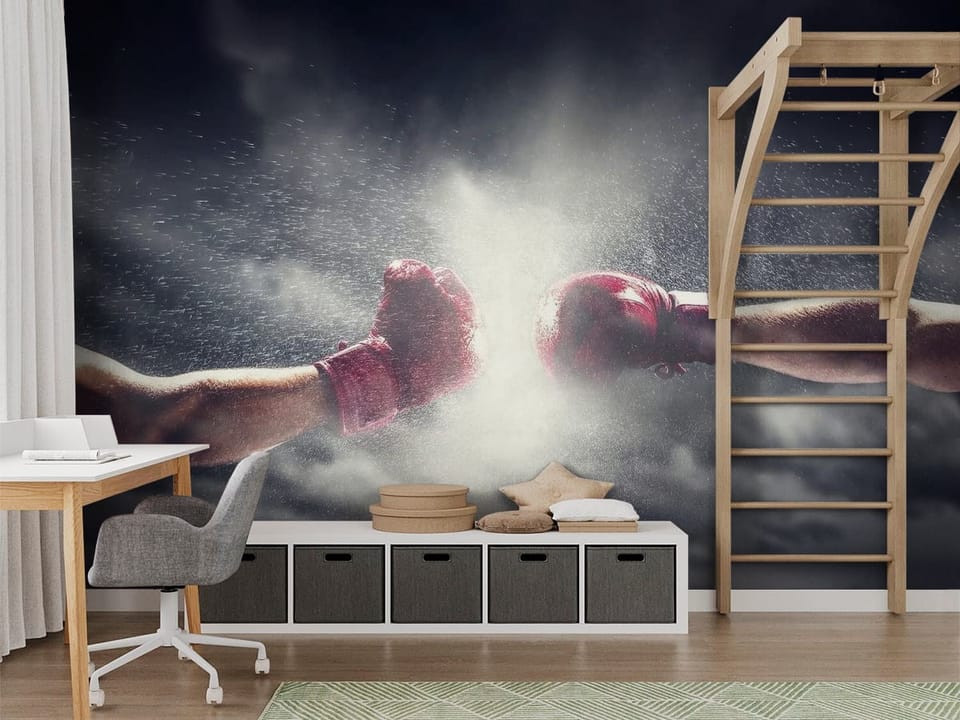 Fototapeta z rękawicami bokserskimi i burzowym niebem w tle - nowoczesny pokój nastolatka z modnym akcentem