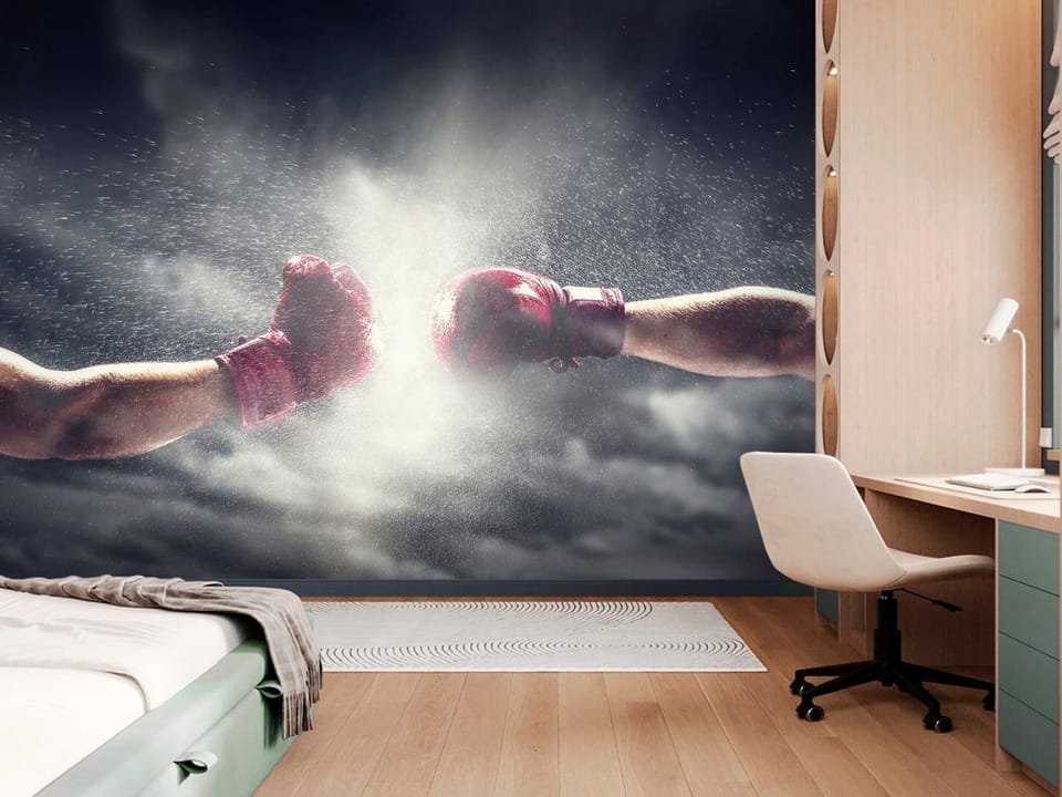 Fototapeta z rękawicami bokserskimi i burzowym niebem w tle - ściana w pokoju nastolatka z dużą przestrzenią