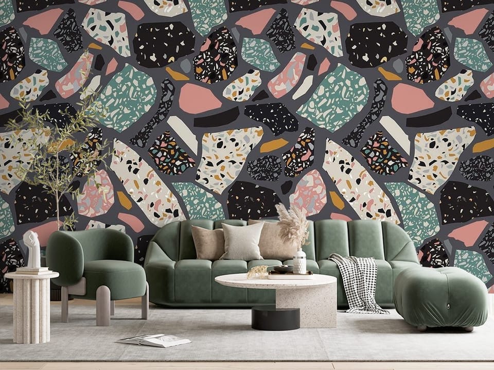Fototapeta z kolorowym wzorem terrazzo na ciemnym tle, różnorodne kształty - minimalistyczna przestrzeń z subtelną dekoracją w salonie