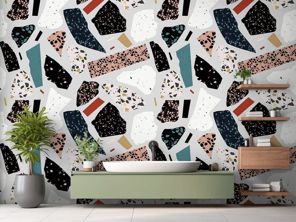 Fototapeta z abstrakcyjnymi kolorowymi kształtami w stylu terrazzo - przepiękna aranżacja w nowoczesnej łazience