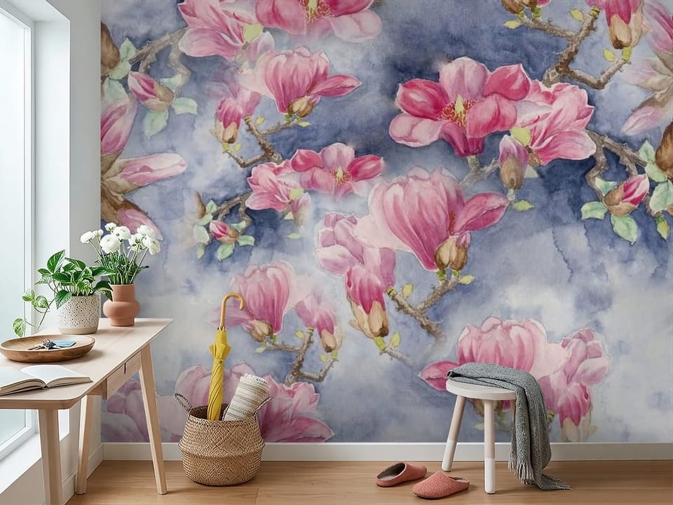 Fototapeta z kwiatami magnolii na niebieskim tle z zielonymi liśćmi - widok na ścianę w przedpokoju