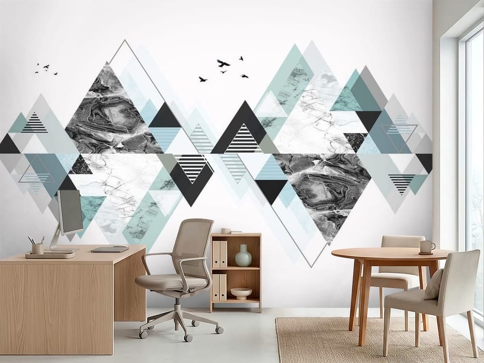 Fototapeta z geometrycznymi wzorami z trójkątów i marmurowymi teksturami - inspiracja do biura w jasnych kolorach