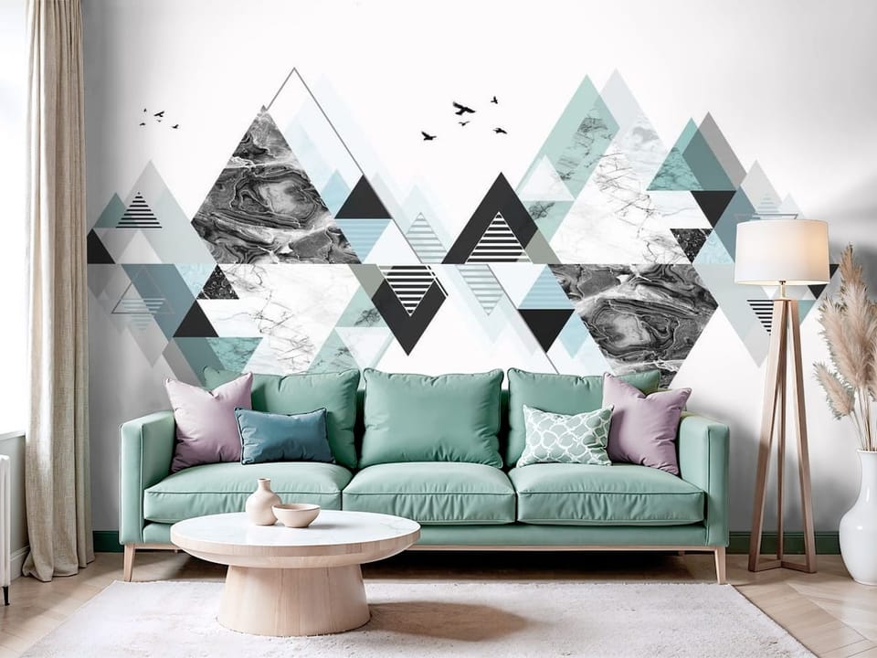 Fototapeta z geometrycznymi wzorami z trójkątów i marmurowymi teksturami - salon z modnym akcentem
