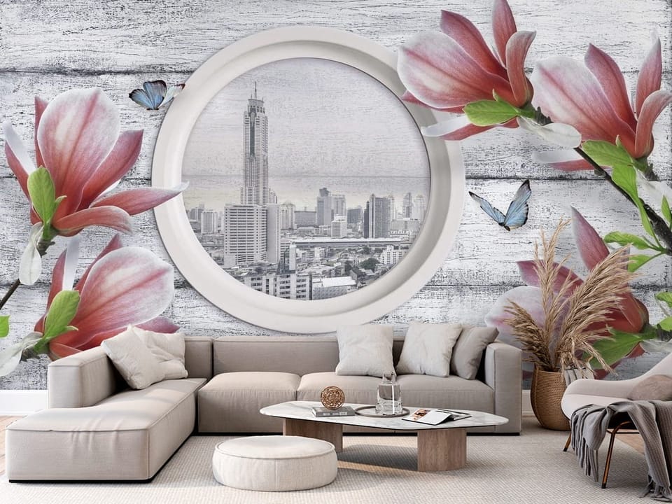 Fototapeta z różowymi magnoliami i panoramą miasta na drewnianym tle - aranżacja w przytulnym salonie