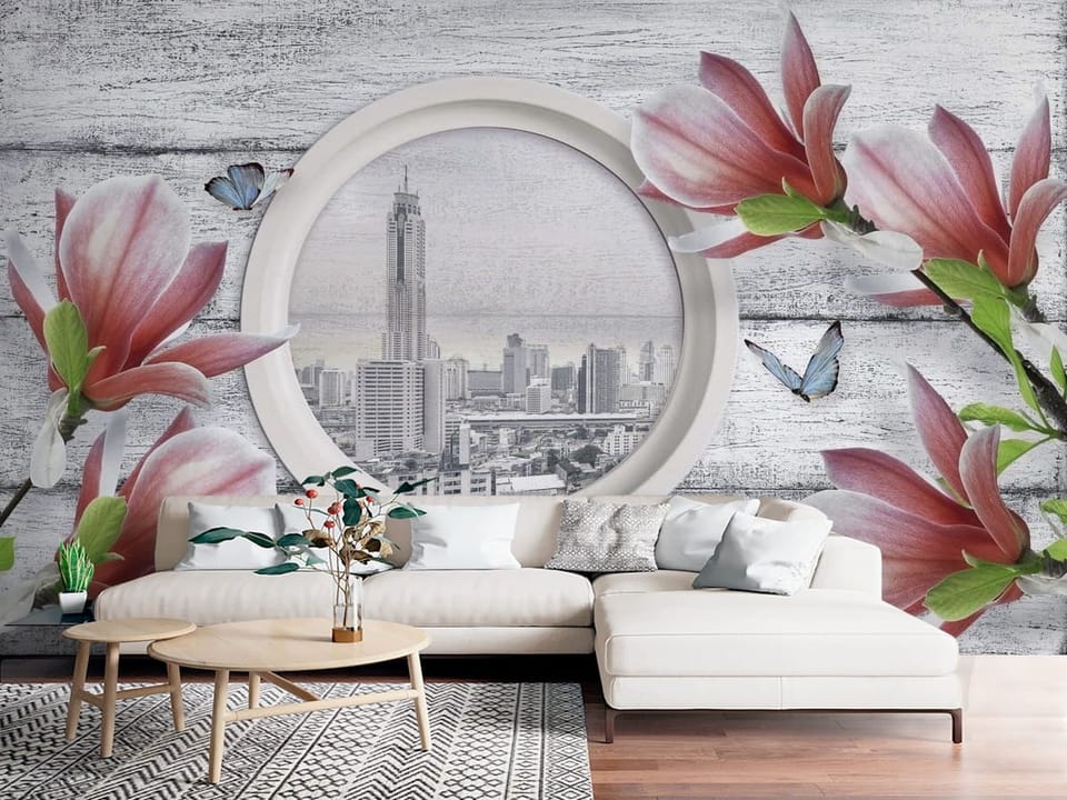 Fototapeta z różowymi magnoliami i panoramą miasta na drewnianym tle - nowoczesna strefa chillout w salonie