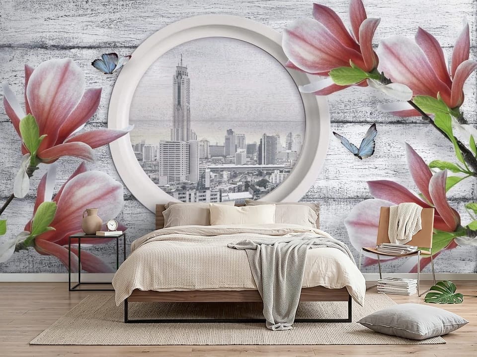 Fototapeta z różowymi magnoliami i panoramą miasta na drewnianym tle - piękna ściana w nowoczesnej sypialni