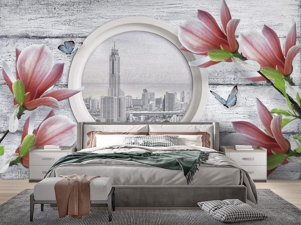 Fototapeta z różowymi magnoliami i panoramą miasta na drewnianym tle - nowoczesna ściana w jasnej i nasłonecznionej sypialni
