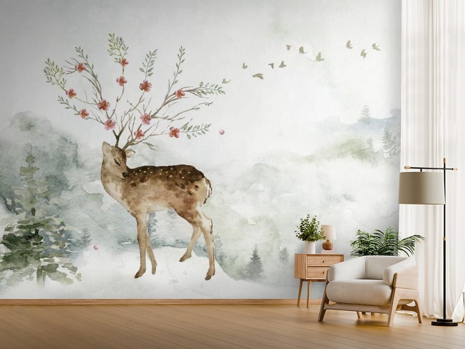 Fototapeta z jeleniem na śnieżnym tle, z gałęziami i kwiatami na porożu - jasny przedpokój w stylu minimalistycznym