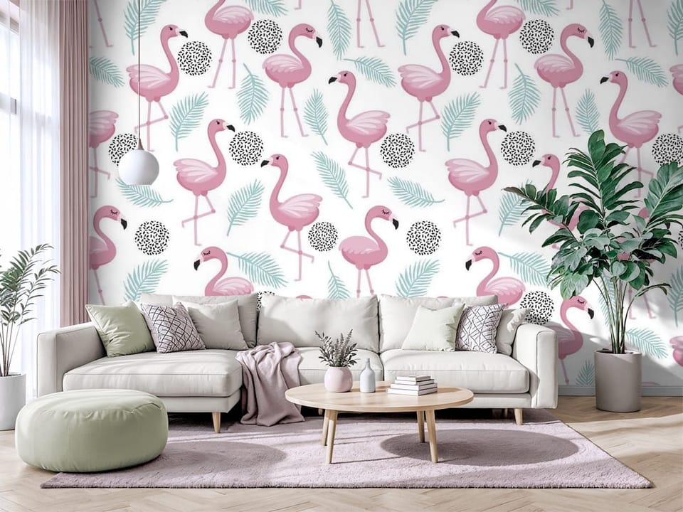Fototapeta z różowymi flamingami na białym tle z palmami - salon w jasnych barwach z modnym akcentem