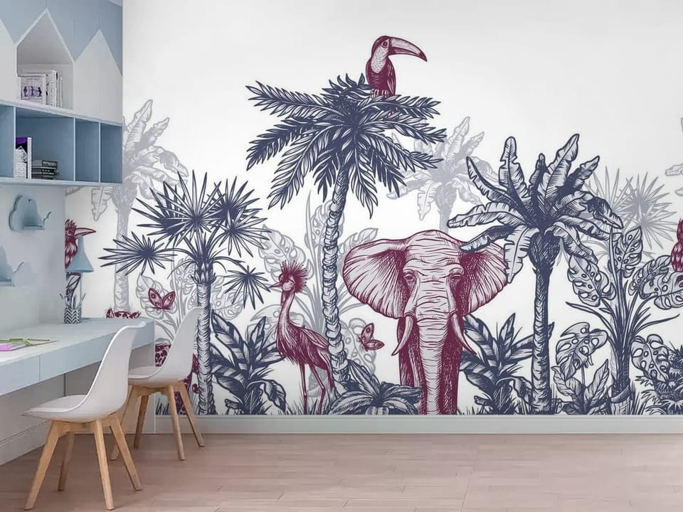Fototapeta przedstawiająca słonia w otoczeniu palm i tropikalnych roślin z tukanem i lampartem. - nowoczesne wnętrze w pokoju dziecięcym