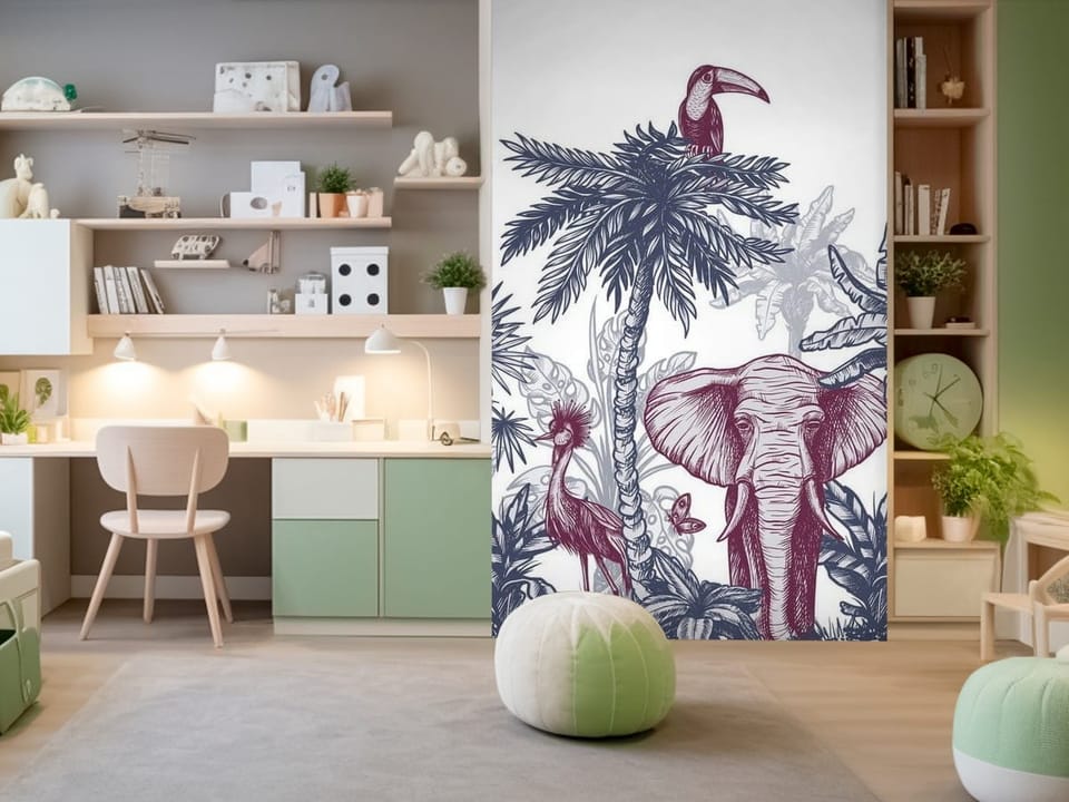 Fototapeta przedstawiająca słonia w otoczeniu palm i tropikalnych roślin z tukanem i lampartem. - pokój nastolatka w jasnych kolorach