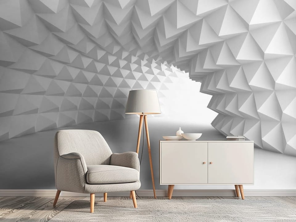 Fototapeta z trójwymiarowym geometrycznym tunelem z trójkątów - elegancki przedpokój z efektowną dekoracją ścienną