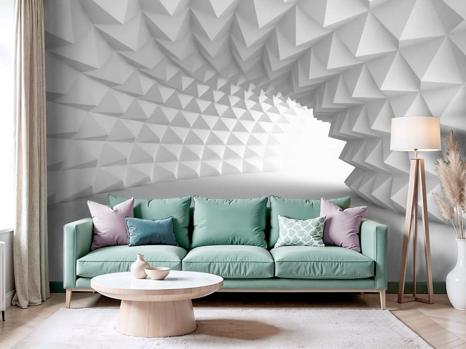Fototapeta z trójwymiarowym geometrycznym tunelem z trójkątów - salon z modnym akcentem
