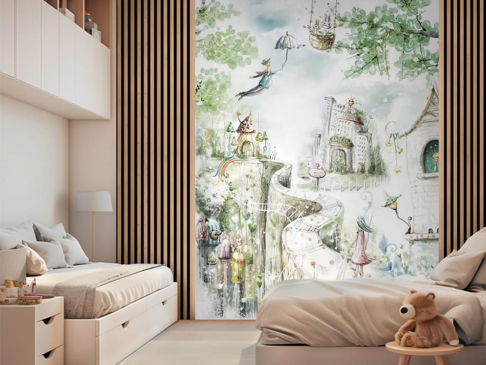 Fototapeta z fantastycznym krajobrazem, wieżami i krętą ścieżką przez klify - nowoczesna aranżacja w pokoju dziecięcym