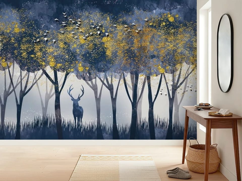 Fototapeta przedstawiająca las z jeleniem, żółte liście i ciemne niebo - inspiracji do minimalistycznego przedpokoju