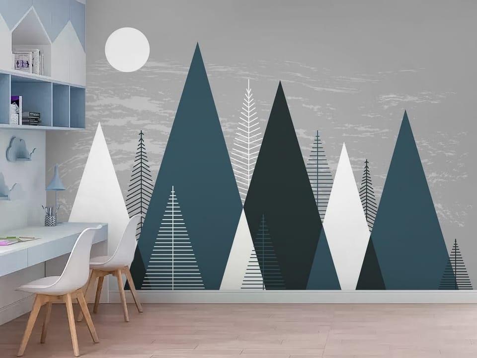 Fototapeta z geometrycznymi kształtami gór na szarym tle - nowoczesne wnętrze w pokoju dziecięcym