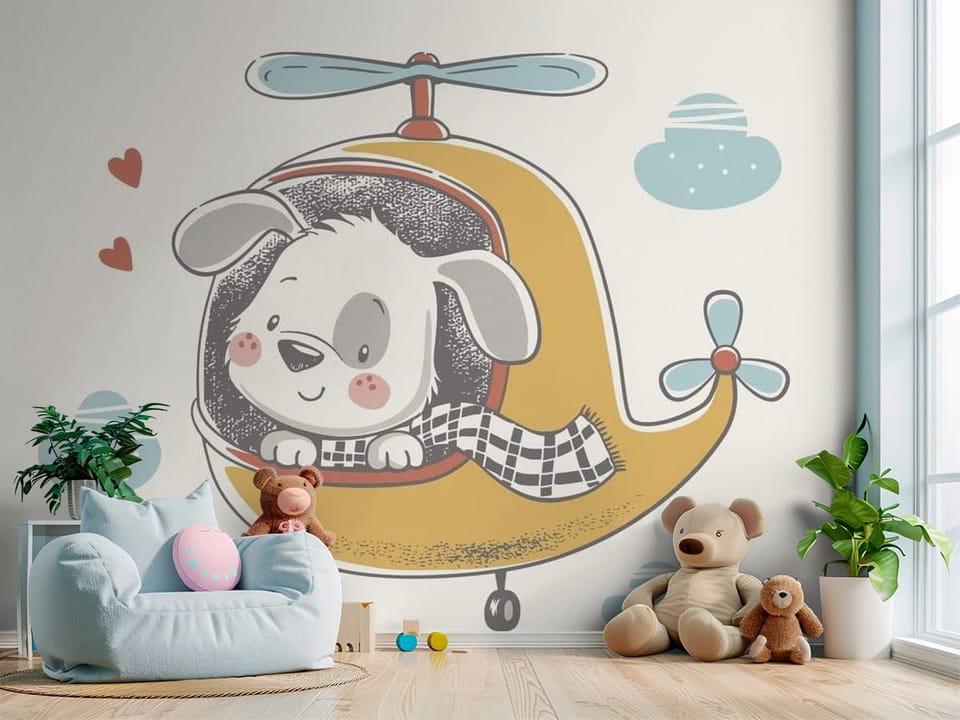 Fototapeta z psem w żółtym helikopterze, domki i drzewa w tle - przytulny kącik do zabawy w pokoju dziecka