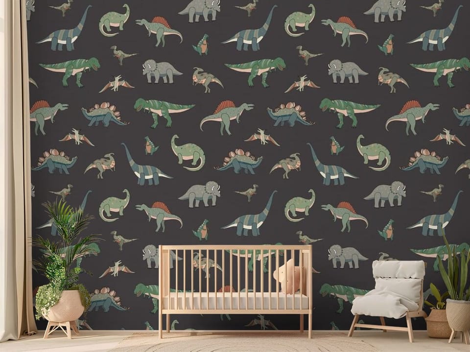 Fototapeta z różnymi gatunkami dinozaurów na ciemnym tle - nasłoneczniony pokój dziecięcy