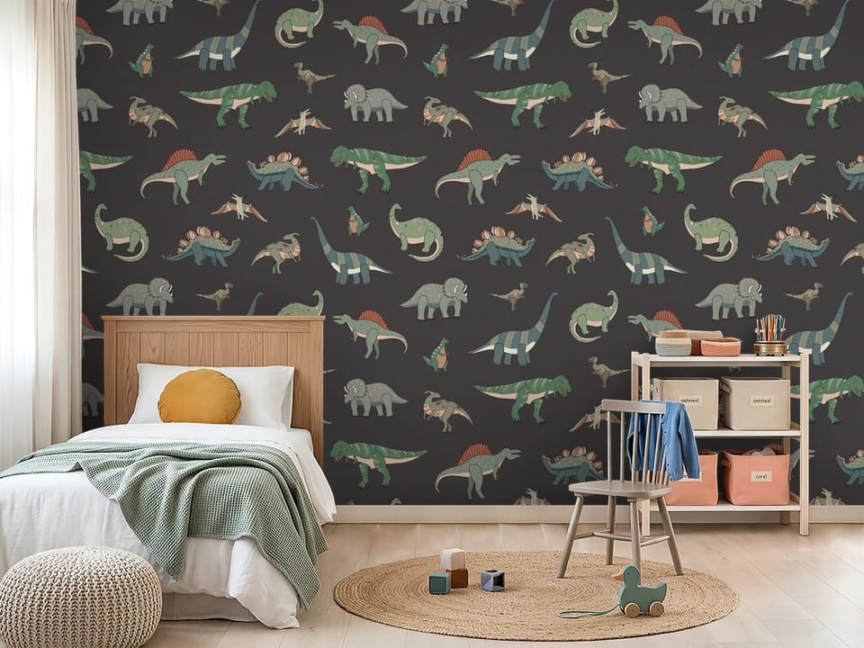 Fototapeta z różnymi gatunkami dinozaurów na ciemnym tle - widok na ścianę w pokoju dziecięcym