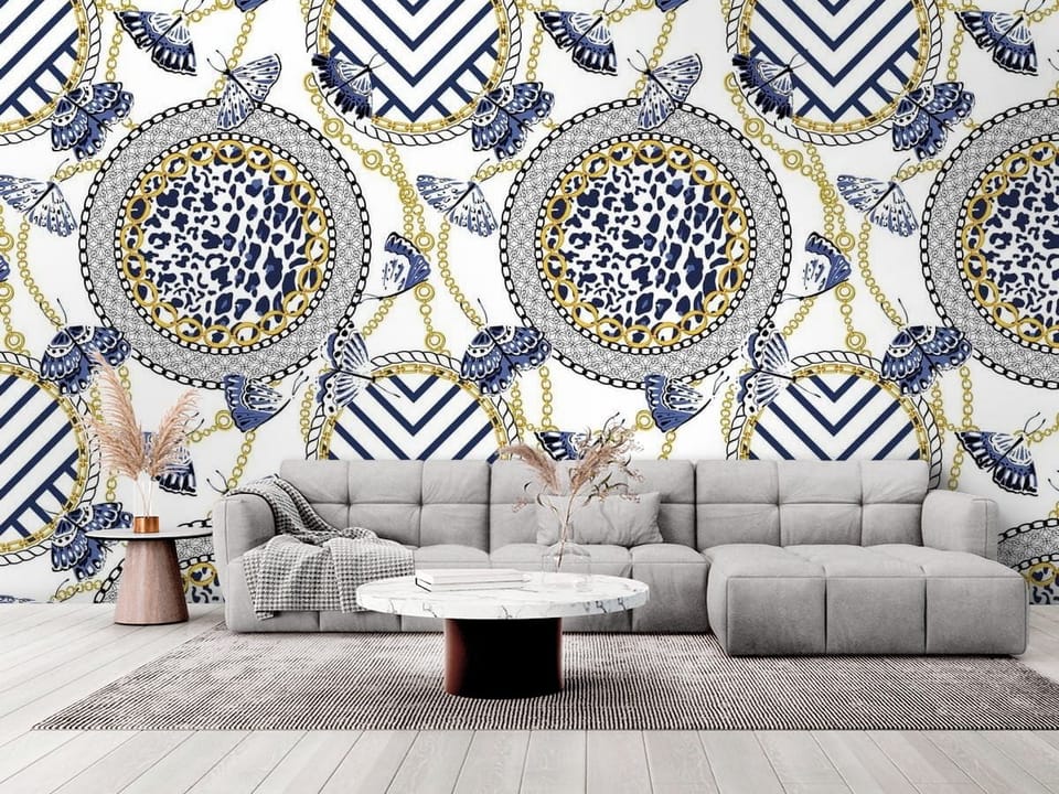 Fototapeta z okrągłymi wzorami, żółtymi łańcuchami i motywem zwierzęcym - elegancki salon w stylu minimalistycznym