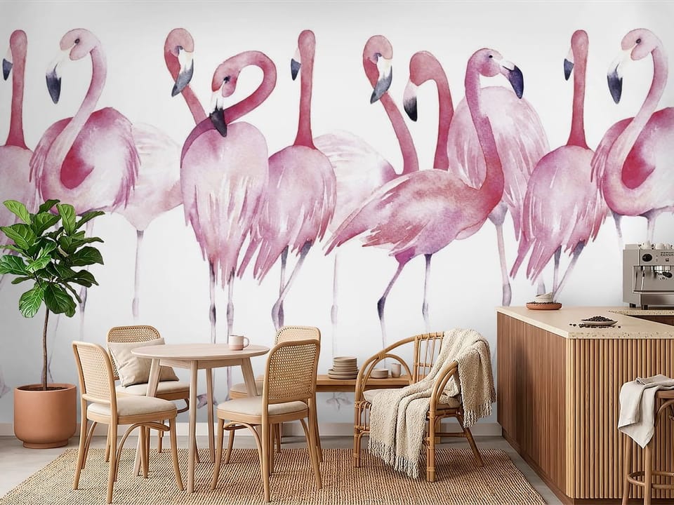 Fototapeta z grupą różowych flamingów o delikatnych piórach i długich szyjach - inspiracja do kawiarni w ciepłych kolorach