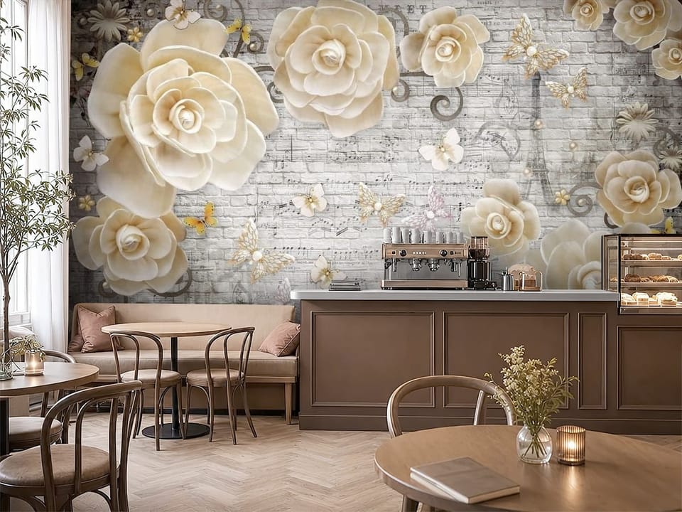 Fototapeta z kremowymi różami, nutami muzycznymi i architekturą - aranżacja kawiarni w brązowych kolorach
