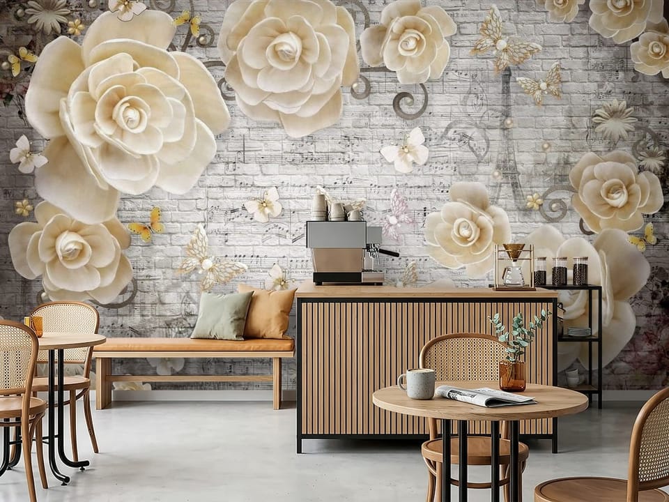 Fototapeta z kremowymi różami, nutami muzycznymi i architekturą - inspiracja do nowoczesnej kawiarni