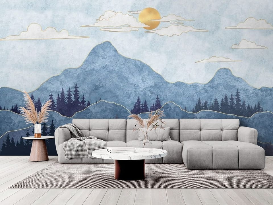 Fototapeta przedstawiająca góry z ciemnym lasem, złotym słońcem i jasnymi chmurami - elegancki salon w stylu minimalistycznym