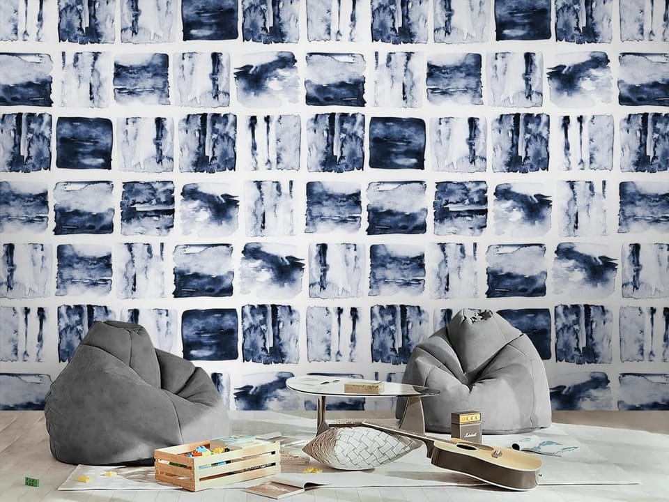 Fototapeta z abstrakcyjnymi niebieskimi prostokątami na białym tle - inspiracja do pokoju nastolatka