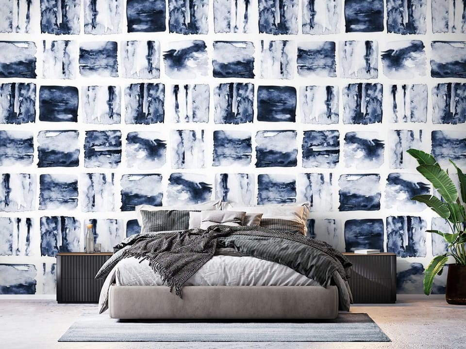Fototapeta z abstrakcyjnymi niebieskimi prostokątami na białym tle - ściana w eleganskiej sypialni