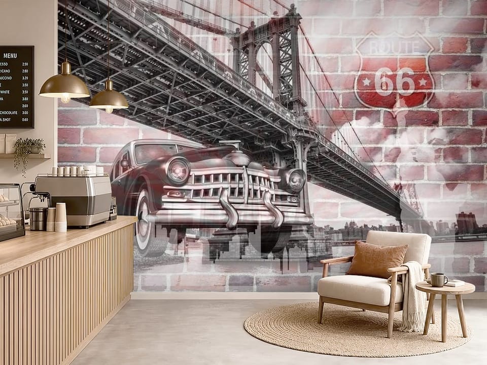 Fototapeta z mostem, klasycznym samochodem i znakiem Route 66 na tle ceglanej ściany - nowoczesna kawiarnia z elementami drewna