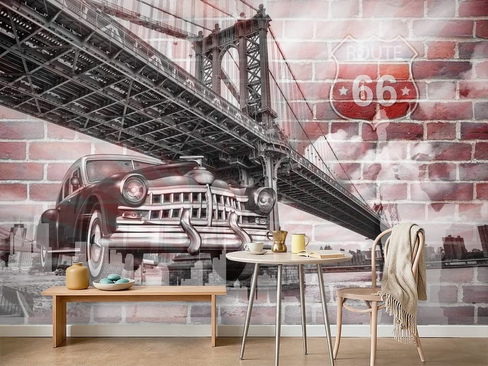 Fototapeta z mostem, klasycznym samochodem i znakiem Route 66 na tle ceglanej ściany - ściana w minimalistycznej kawiarni